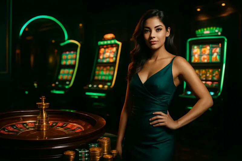 Confident woman in evening dress near roulette and slot machines